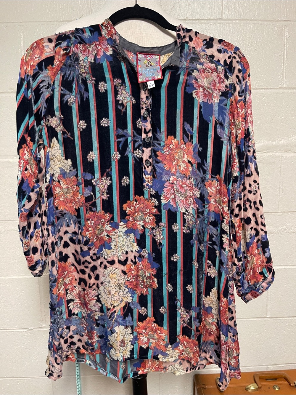 Johnny Was Multicolor Floral Velvet Henley - Black, Pink, Blue